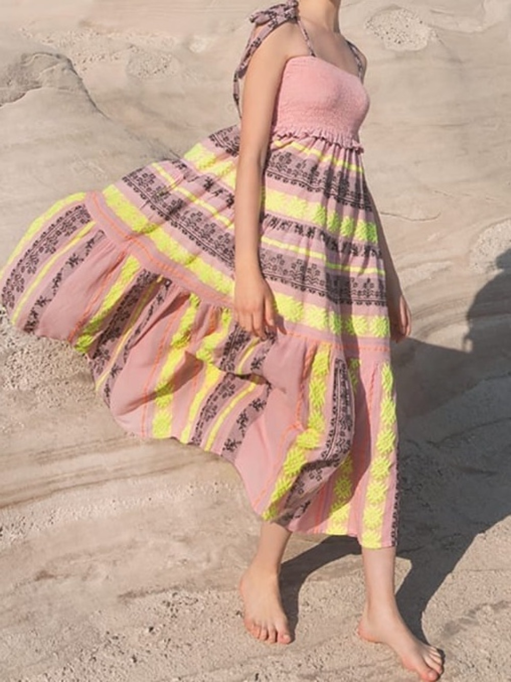 Devotion Twins Jacquard Smocked Pink & Neon Yellow Tiered Maxi Dress